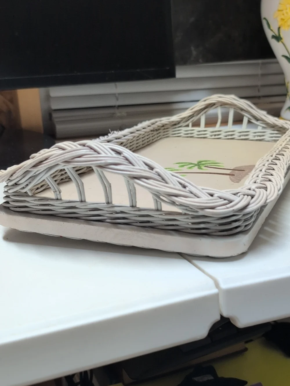 Vintage Coastal Palm-Print Beige Wicker Cocktail ServingTray